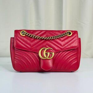Gucci GG Logo Red Medium Marmont Shoulder Bag with Gold Chain Crossbody Style
